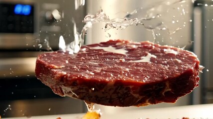 Poster - Close Up Of Beef Steak Falling In Kitchen With Slow Motion Effect Generative AI