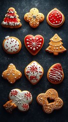 Wall Mural - Festively Decorated Christmas Cookies on Dark Surface