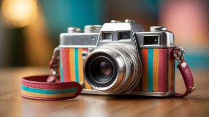 Colorful retro vintage camera with lens, close up. Taking photos with analog camera. Photography hobby. 