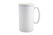 © Phuwadon - ceramic travel mug with a handle and a tight-fitting lid, isolated on a white background.
