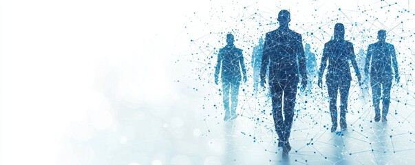 Poster - Illustration of wireframe people connected by a digital network representing communication and technology
