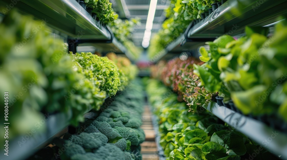 Vertical farming of various leafy greens and herbs under LED lights in ...