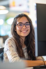 Sticker - A university student smiling confidently while sitting and working on homework at a desk.