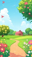 Sticker - Charming Summer Landscape with Path and Blooming Flowers