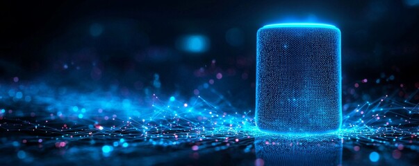 Poster - Futuristic wireframe smart speaker with glowing blue connections in a digital network