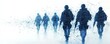 © Georgii - Digital illustration of wireframe soldiers marching in formation with a tech-inspired background