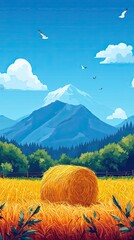 Poster - Vibrant Landscape with Mountains and Hay Bales