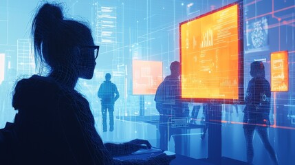 Poster - Students interacting in a futuristic digital learning environment with holographic displays