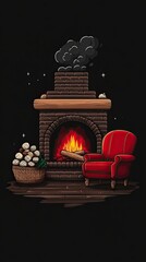 Canvas Print - Cozy Fireplace with Red Chair and Basket of Mushrooms