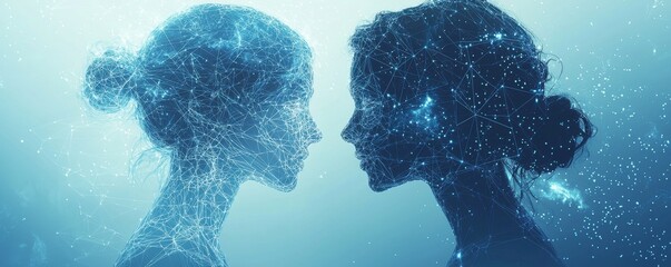 Poster - Digital wireframe illustration of twins facing each other in a futuristic background