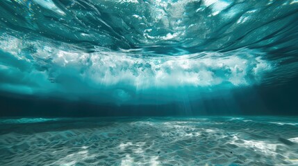 Wall Mural - Underwater blue ocean with wide sandy sea bottom viewed from above