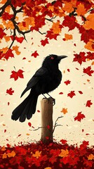 Poster - Autumn Crow on a Post Among Falling Leaves