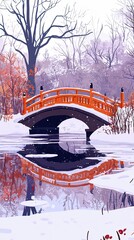 Wall Mural - Snowy Scene with Red Bridge and Reflection in Water