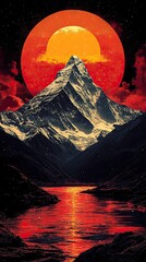 Poster - Vibrant Mountain Landscape with Red Sunset Reflection