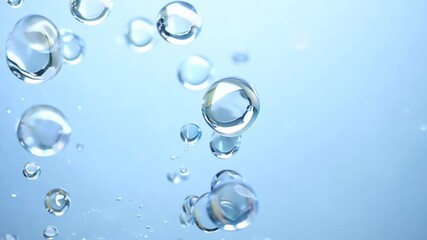 Poster - Slow Motion Water Bubbles Rising Against a Clear Blue Background Generative AI