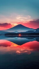 Wall Mural - Mountain reflection at sunset. Serene mountain silhouette mirrored in a calm lake at sunset, showcasing vibrant hues of pink and orange.