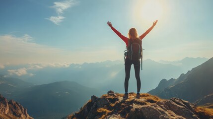 A woman standing on a mountain peak, arms raised in triumph