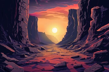 Wall Mural - A scenic sunset view through a canyon with a distant sun