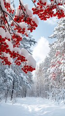 Canvas Print - Snowy Winter Pathway Framed by Red Berries