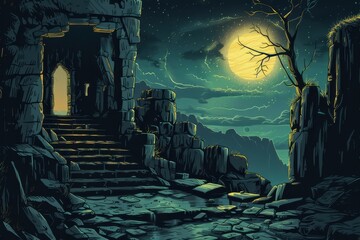 Wall Mural - A lone pathway winds through ancient ruins bathed in the glow of a full moon