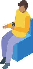 Sticker - Young man is sitting comfortably on a chair, engrossed in his smartphone, highlighting the concept of mobile technology and leisure