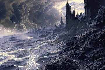 Wall Mural - A dark and stormy landscape with a fortified city in the distance