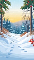 Wall Mural - Winter Forest Path at Sunrise with Snowy Landscape