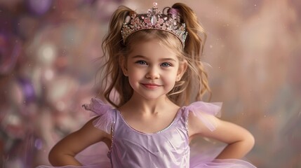 A little girl in a tutu dress and a tiara striking a playful pose with her hands on her hips and a big smile.