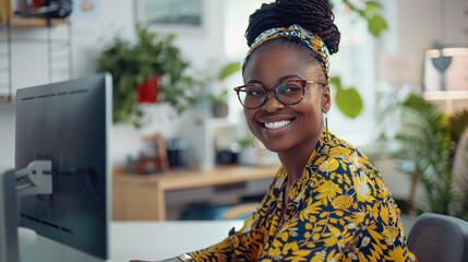 Businesswoman sitting at a desk with a big smile, looking at the project success on a computer screen in a clean, modern office background 