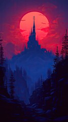 Wall Mural - Mystical Castle Silhouette Against Red Sunset