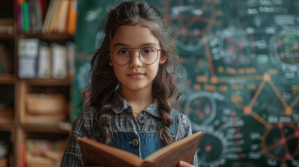 Wall Mural - A studious Indian girl posing with a book in front of a green chalkboard covered