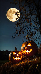 Dos calabazas talladas e iluminadas bajo la luna llena. Diseño para historias de redes sociales, publicidad y banners.