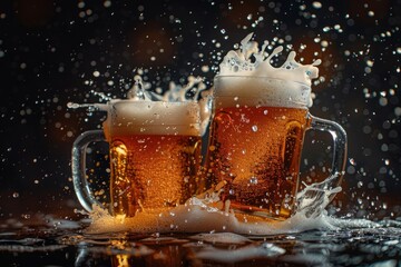 Two mugs of beer splashing and making bubbles on dark background