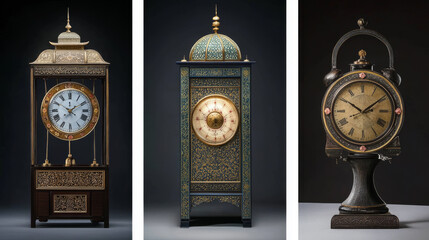 Highlight clocks from different cultures, such as a Japanese lantern clock, an Islamic astrolabe, or a Swiss luxury watch, celebrating their unique designs and cultural importance.