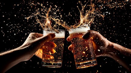 two glasses with beer in their hands, with splashes on a dark background, beer advertising concept