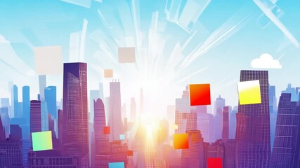 Poster - Colorful Squares Soar Over City Skyline at Sunrise Generative AI