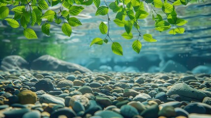 Canvas Print - A close-up image of smooth riverbed stones underwater, with green leaves hanging above.