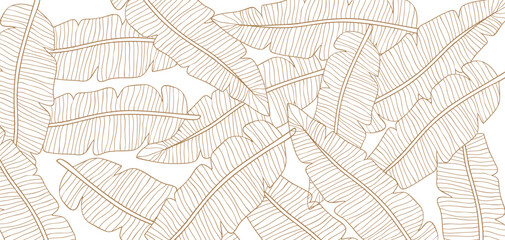 Wall Mural - Seamless Hand-Drawn gold Banana Leaf Pattern on white Background