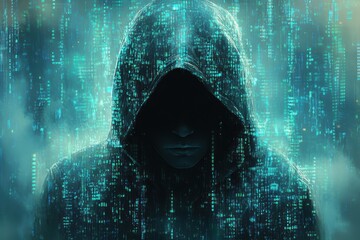 Mysterious hacker wearing a hood and surrounded by binary code