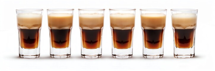 A row of six shot glasses, baby Guinness cocktail, on a plain white background, party vibes