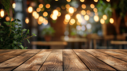 Wooden table with bokeh lights in a cozy cafe. Copy space. Generative AI	