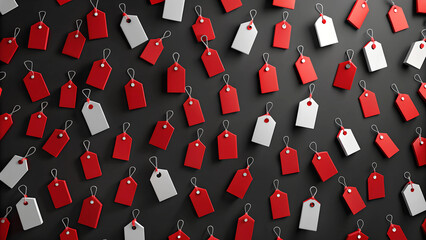 Floating Black Price Tags with Red Strings, Minimalist Shopping Concept