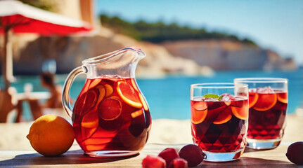 Traditional red Sangria on the table in beach bar, summer refreshing drink.