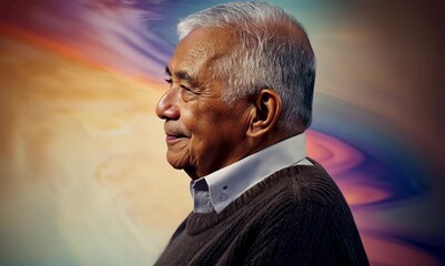 Wall Mural - portrait of a 100-year-old elderly Filipino man wearing a chic cardigan against an abstract background