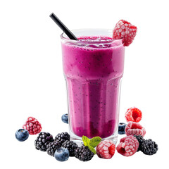 A refreshing glass of berry smoothie with a straw and fresh berries scattered around it.