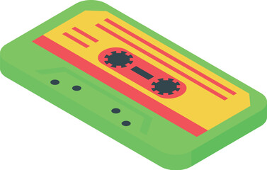 Poster - Isometric illustration featuring a green and yellow audio cassette tape lying on a surface
