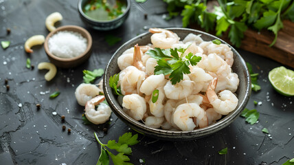 A bowl of fresh raw Pacific shrimp garnished with parsley, accompanied by lemon