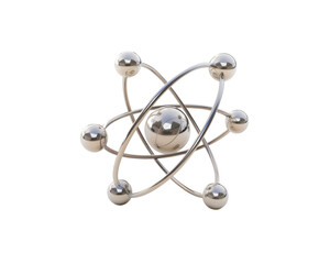 A stylized 3D model of an atom, with a central nucleus and orbiting electrons.