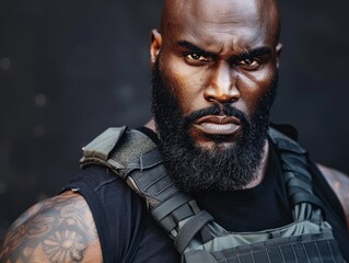 Wall Mural - Medium shot of A huge muscular bald black special forces soldier with a beard in a bulletproof vest and black fingerless gloves, themed background 