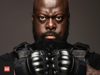 Wall Mural - Medium shot of A huge muscular bald black special forces soldier with a beard in a bulletproof vest and black fingerless gloves, themed background 